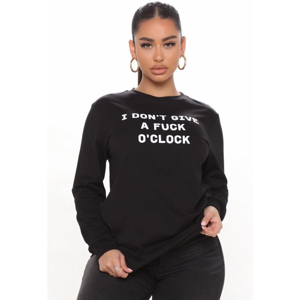 FASHION NOVA ✦ IDGAF O’Clock Long Sleeve Top ✦ Black White Graphic Crew Neck NWT